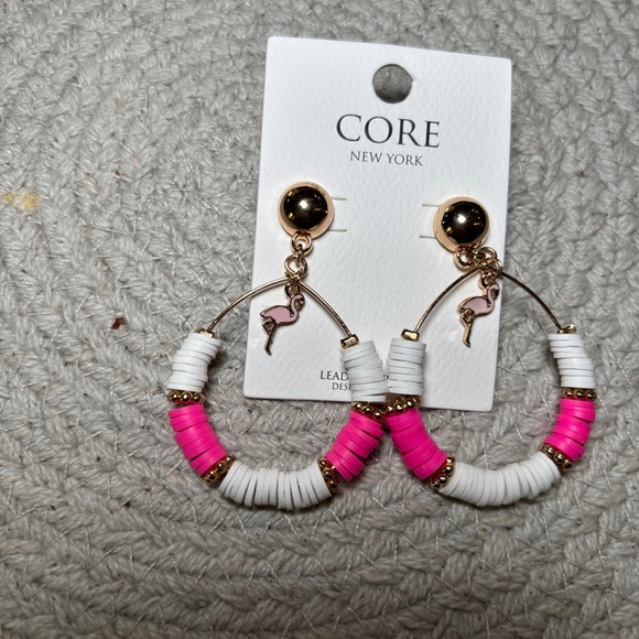 Core New York Pink and White Hoop Earrings Flamingo 1.5” diameter - Picture 1 of 4